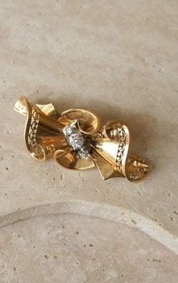 Broche Noeud Années 50 Diamants Or Rose - Castafiore