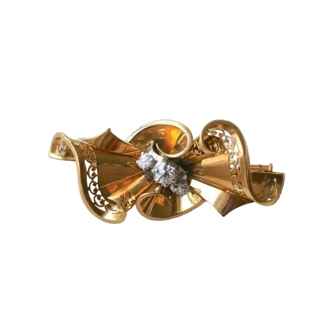 Broche Noeud Années 50 Diamants Or Rose - Castafiore