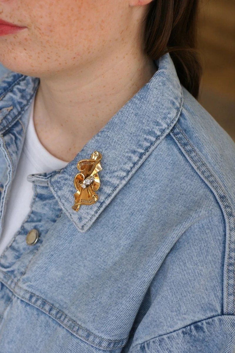 Broche Noeud Années 50 Diamants Or Rose - Castafiore