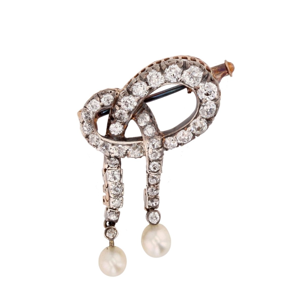 Broche noeud en or rose et argent avec perles fines et diamants - Castafiore