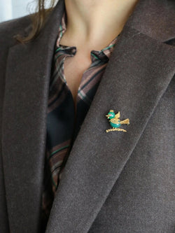 Broche oiseau vintage or jaune chrysoprase rubis - Castafiore