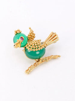 Broche oiseau vintage or jaune chrysoprase rubis - Castafiore