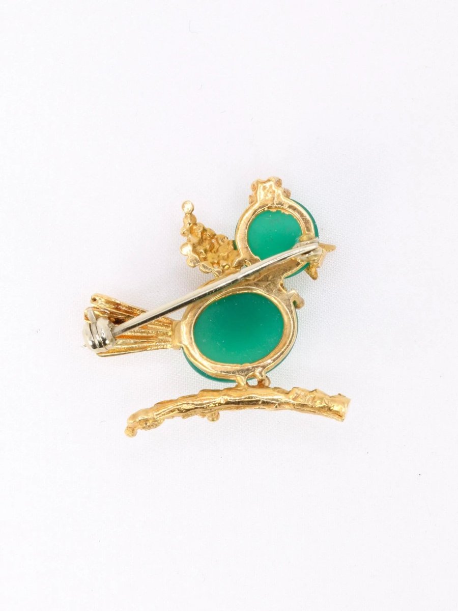 Broche oiseau vintage or jaune chrysoprase rubis - Castafiore