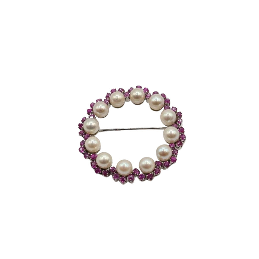 Broche or blanc 18 carats sertie de perles de culture et saphirs roses - Castafiore