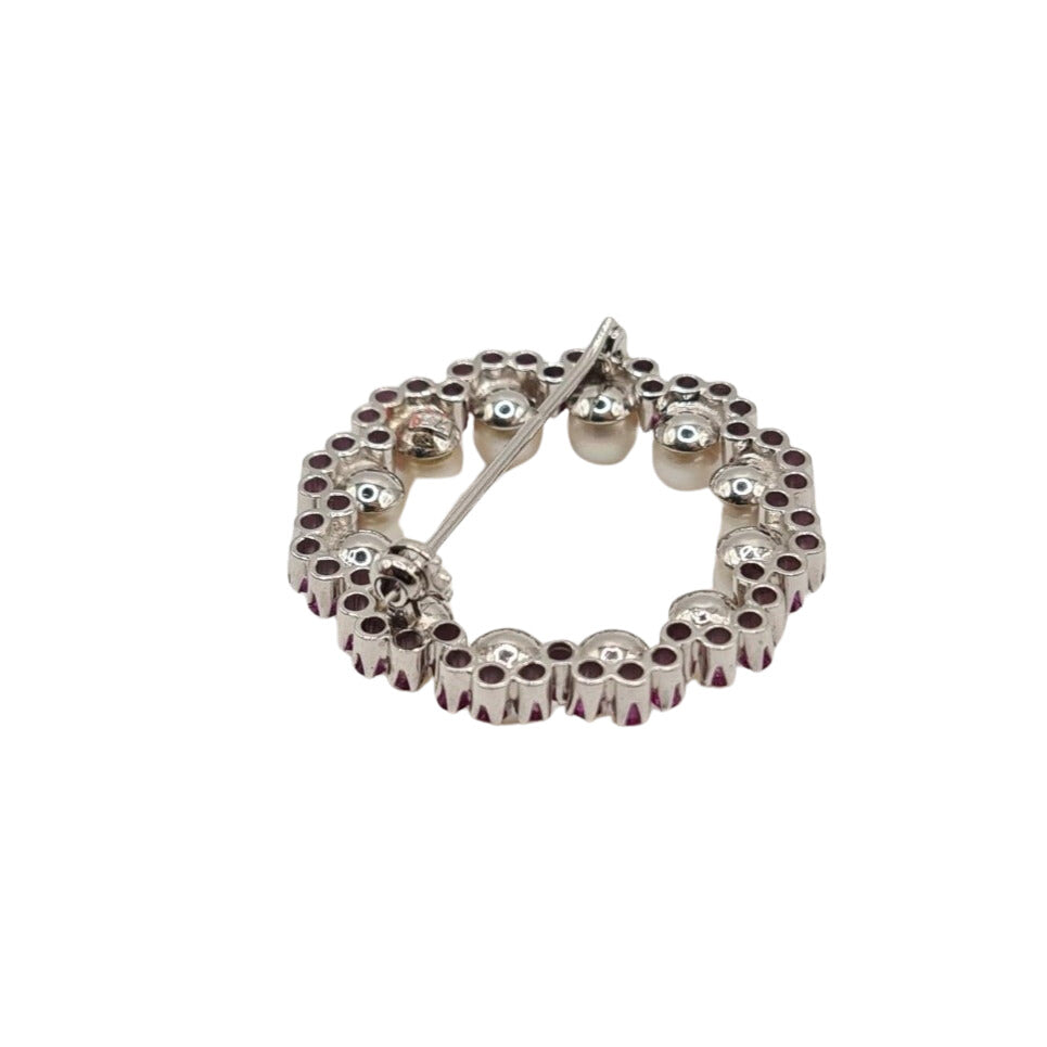 Broche or blanc 18 carats sertie de perles de culture et saphirs roses - Castafiore