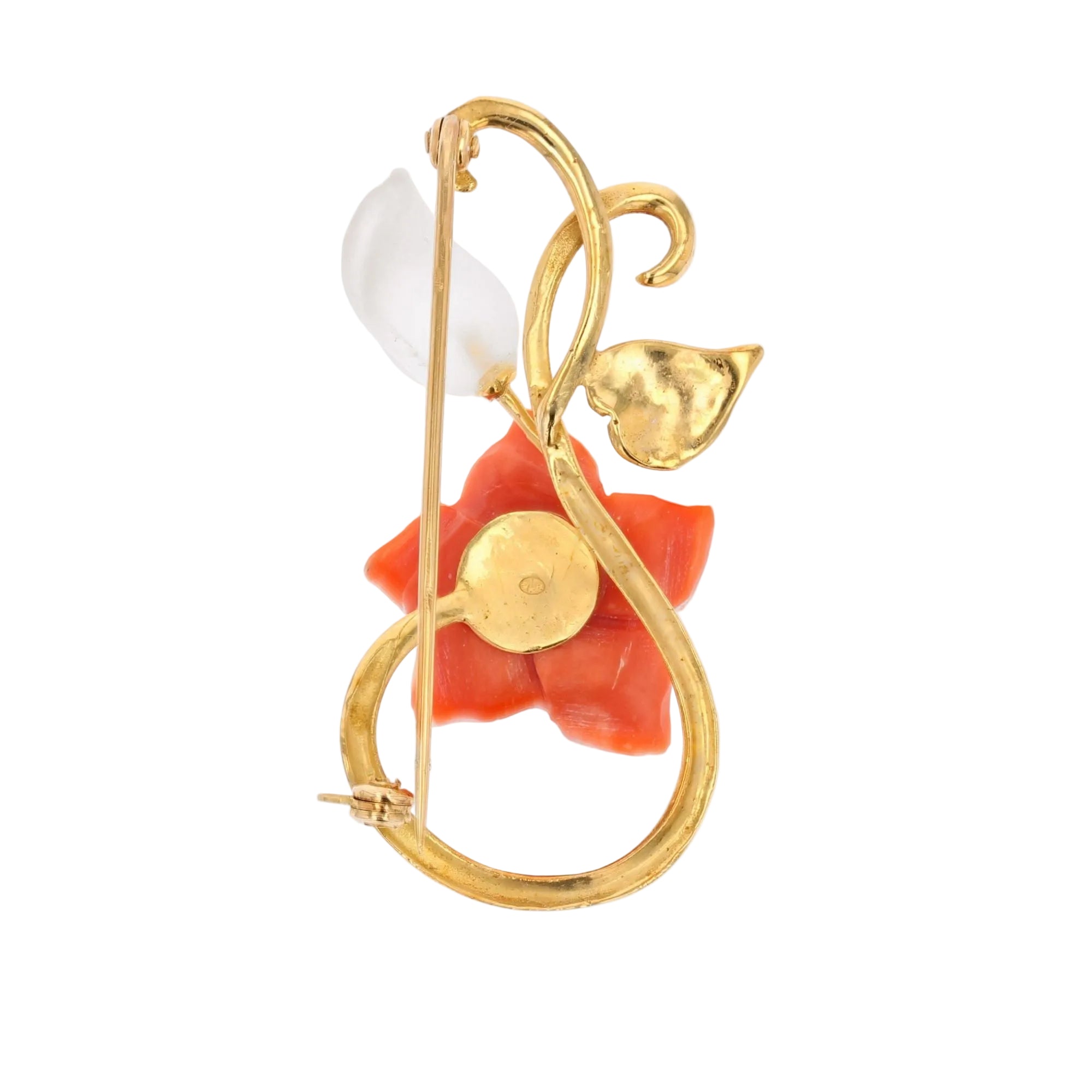Broche or jaune corail perle et cristal de roche
