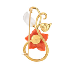 Broche or jaune corail perle et cristal de roche