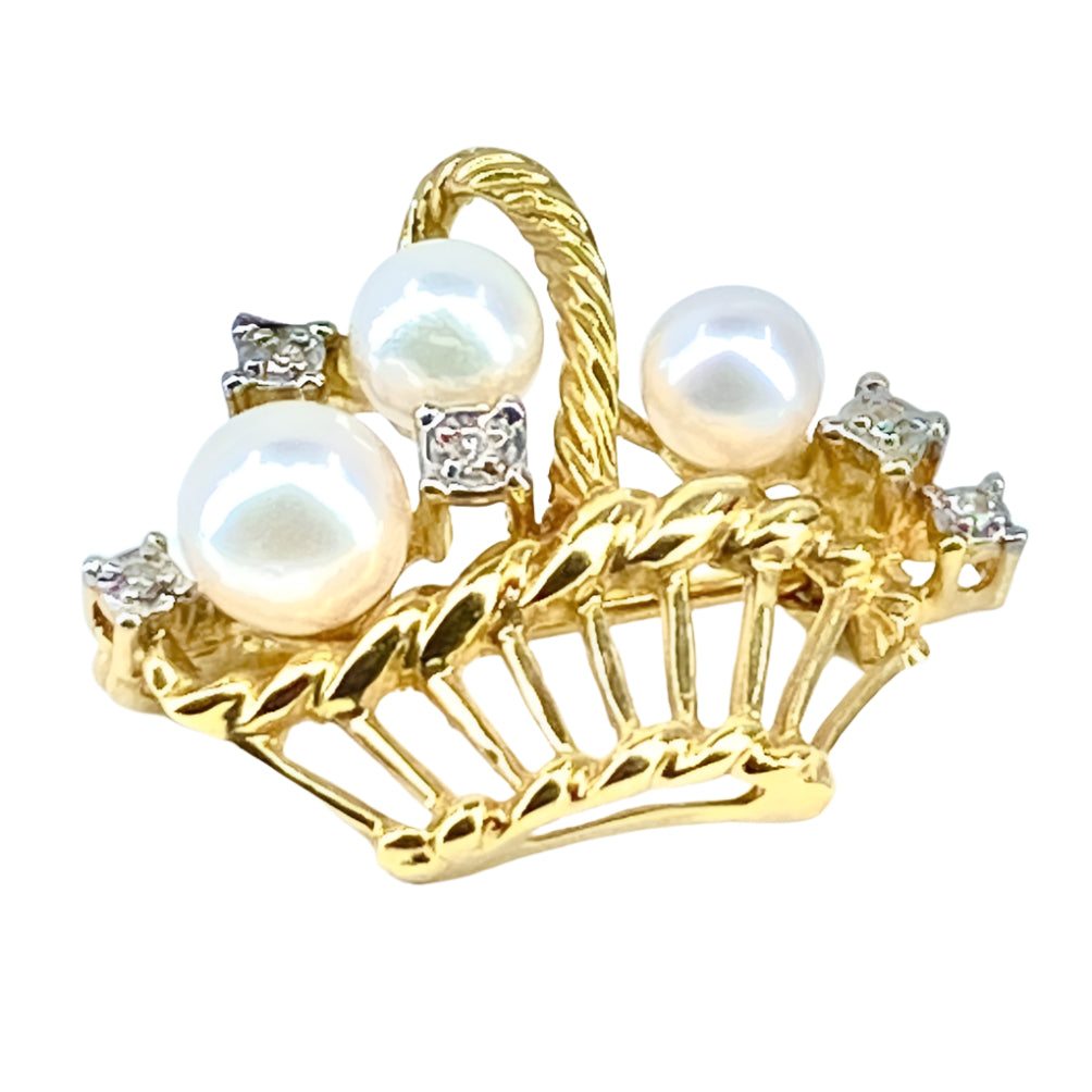 Broche panier en or jaune 18 carats, 3 perles et 5 diamants - Castafiore