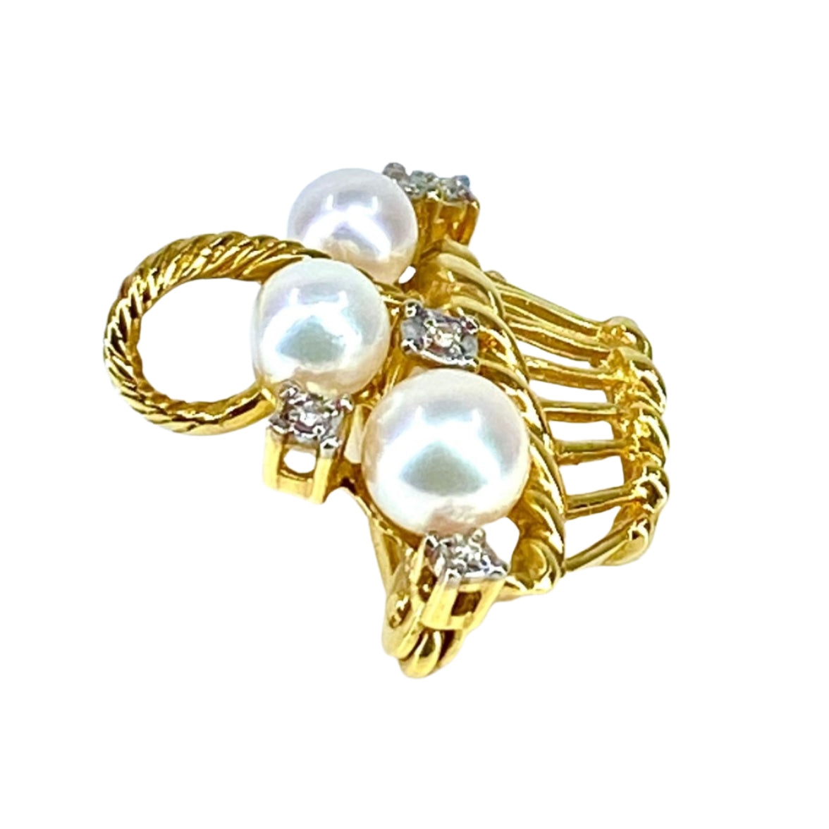 Broche panier en or jaune 18 carats, 3 perles et 5 diamants - Castafiore