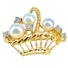 Broche panier en or jaune 18 carats, 3 perles et 5 diamants - Castafiore