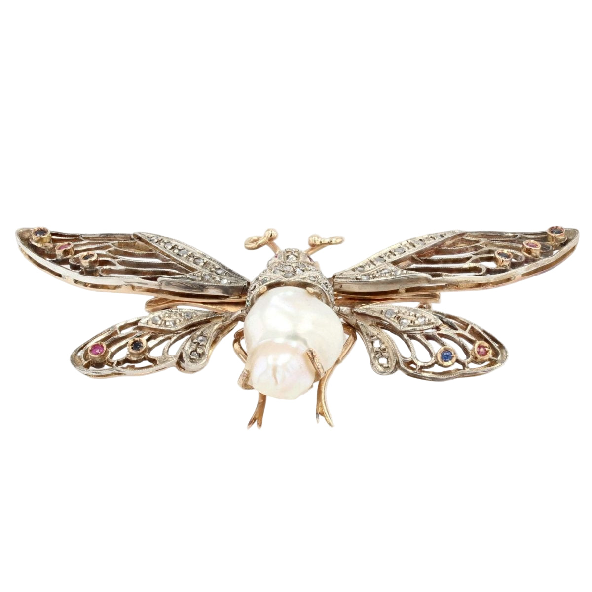 Broche PAPILLON Articulé en or jaune perle baroque diamants saphirs rubis - Castafiore
