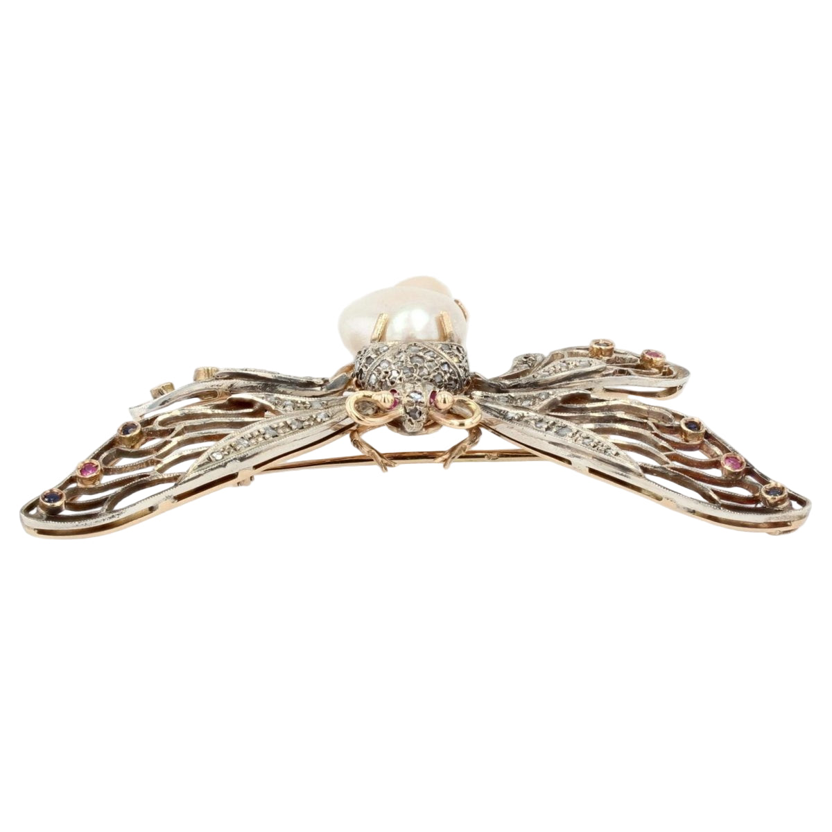 Broche PAPILLON Articulé en or jaune perle baroque diamants saphirs rubis - Castafiore