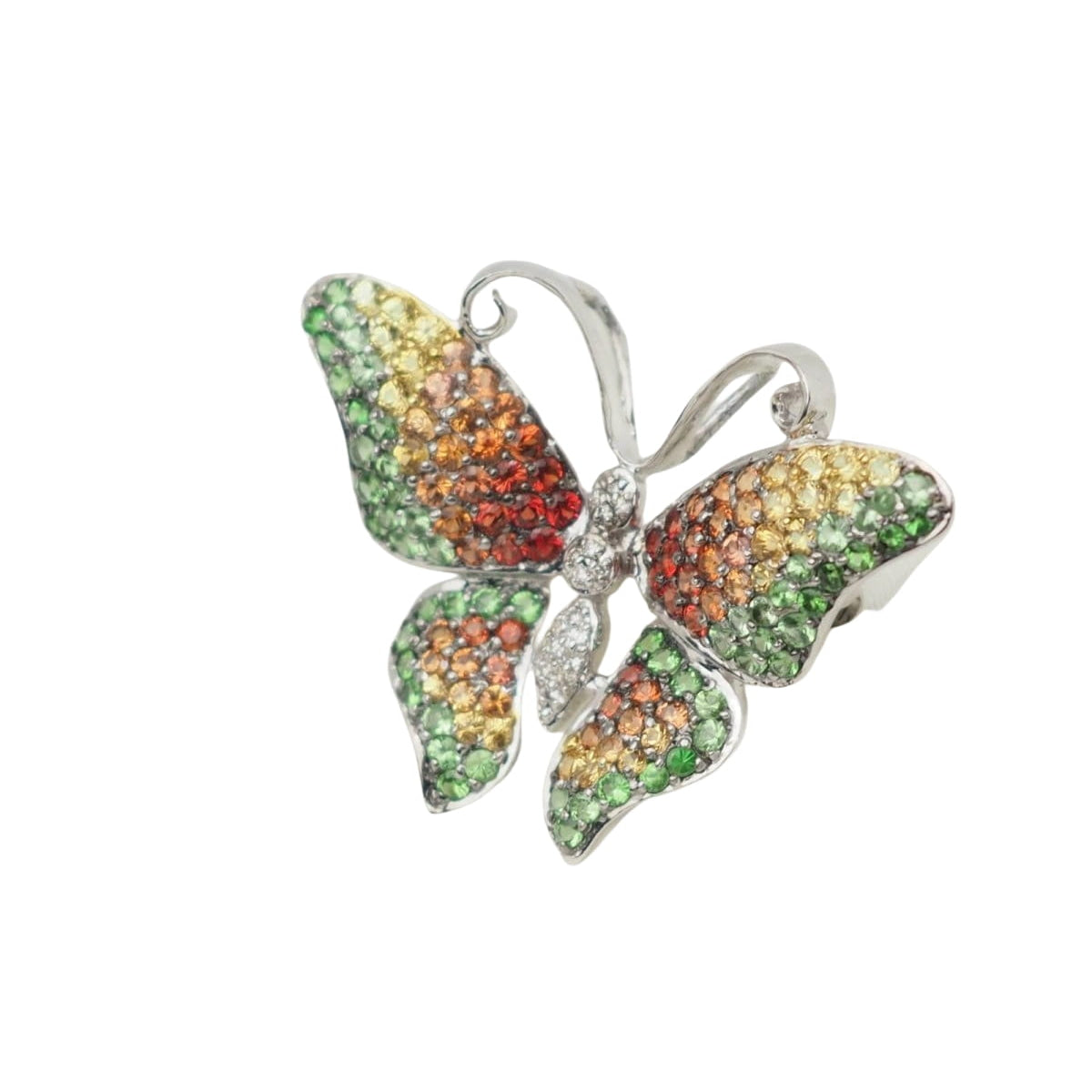 Broche papillon en or blanc, citrine, topaze et péridot - Castafiore