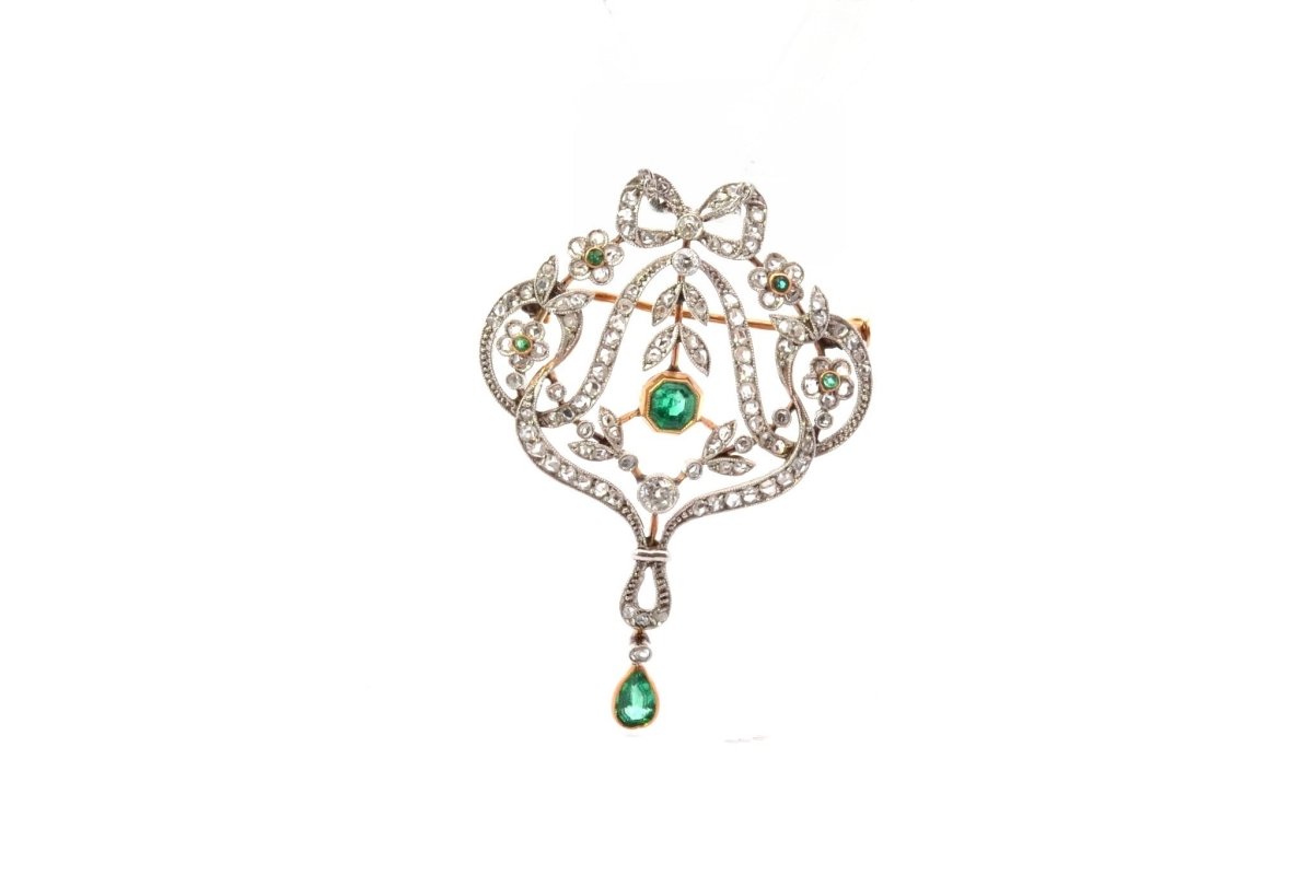 Broche - pendentif ancien 1900 émeraudes et diamants - Castafiore