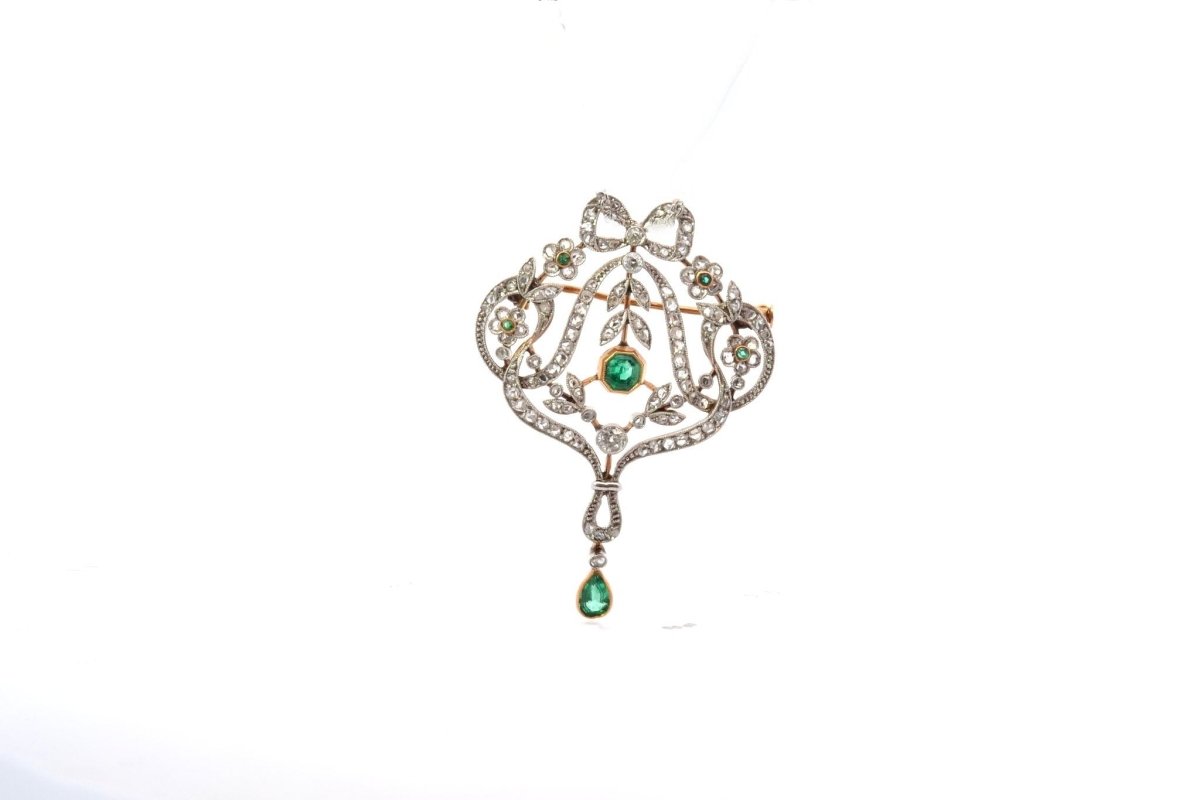 Broche - pendentif ancien 1900 émeraudes et diamants - Castafiore