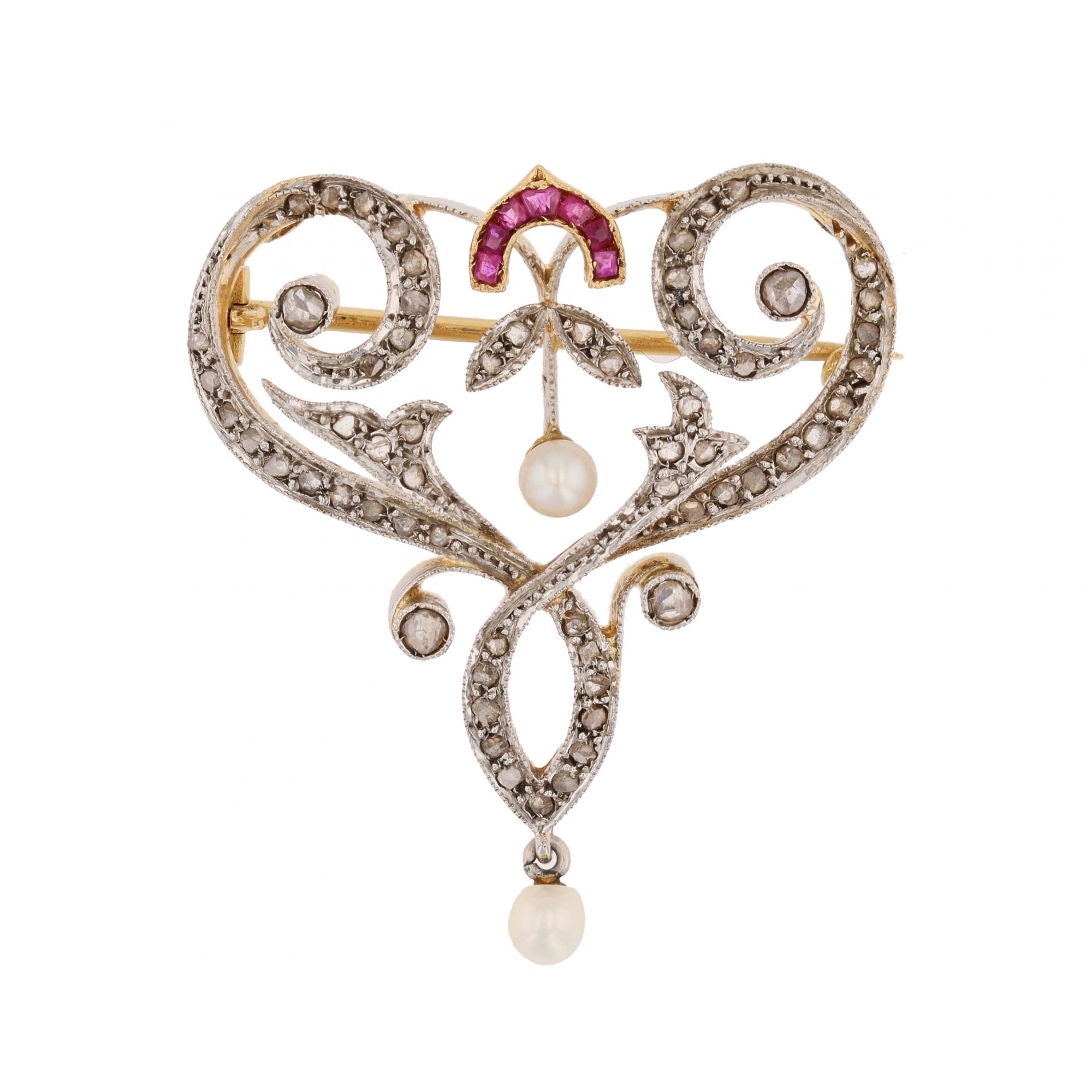 Broche pendentif Art Nouveau diamants perles fines et rubis
