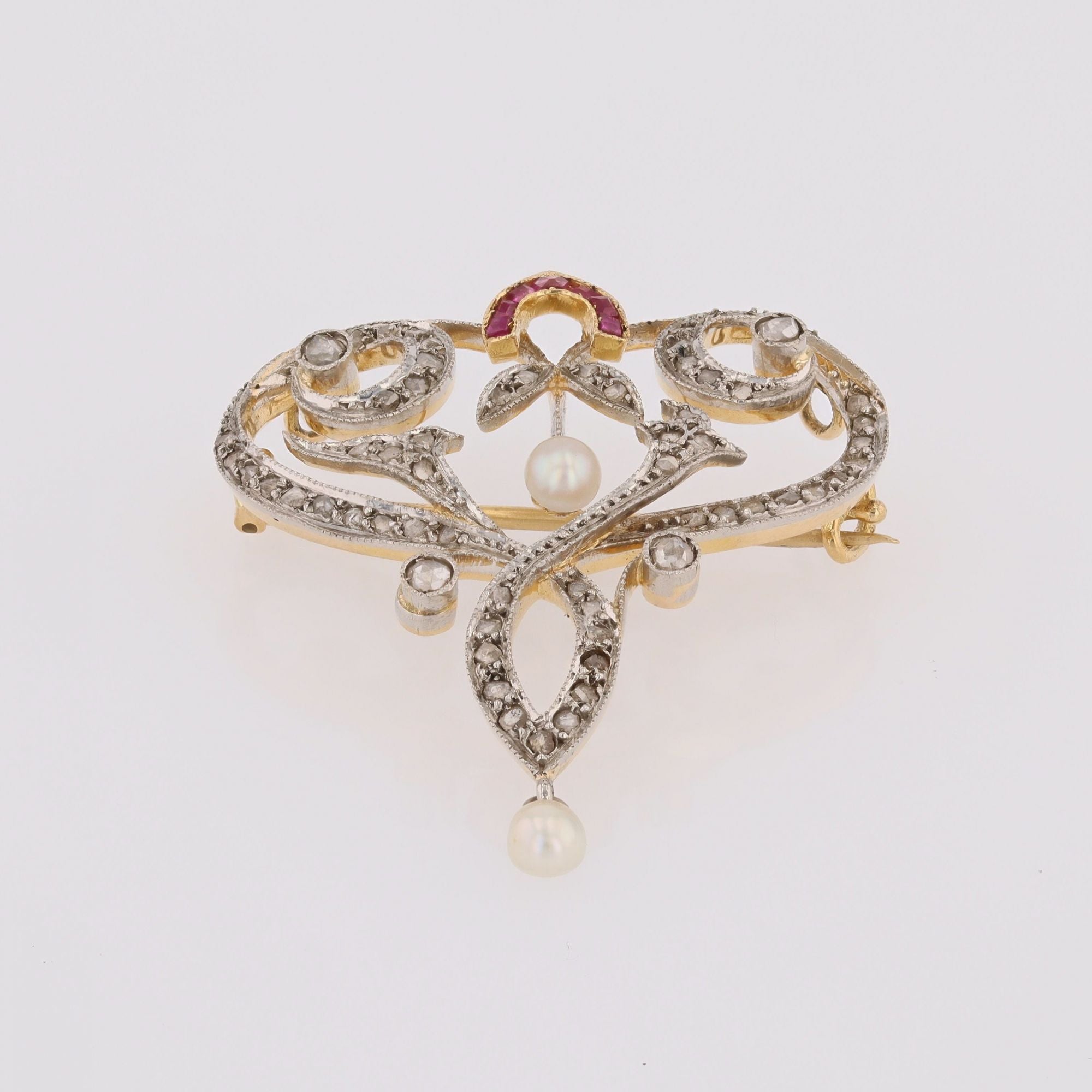 Broche pendentif Art Nouveau diamants perles fines et rubis