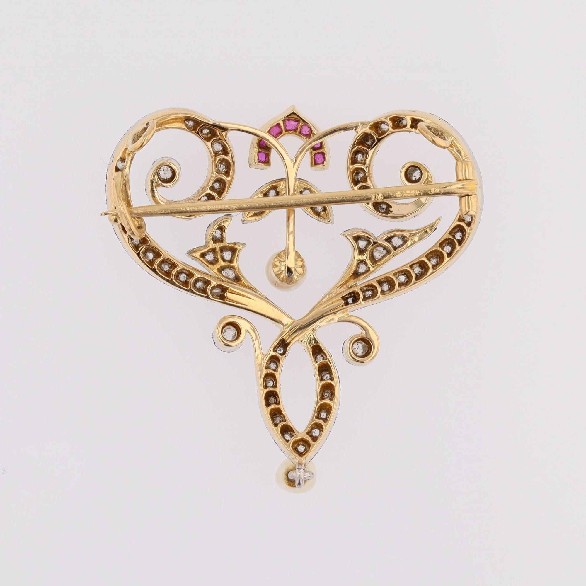 Broche pendentif Art Nouveau diamants perles fines et rubis