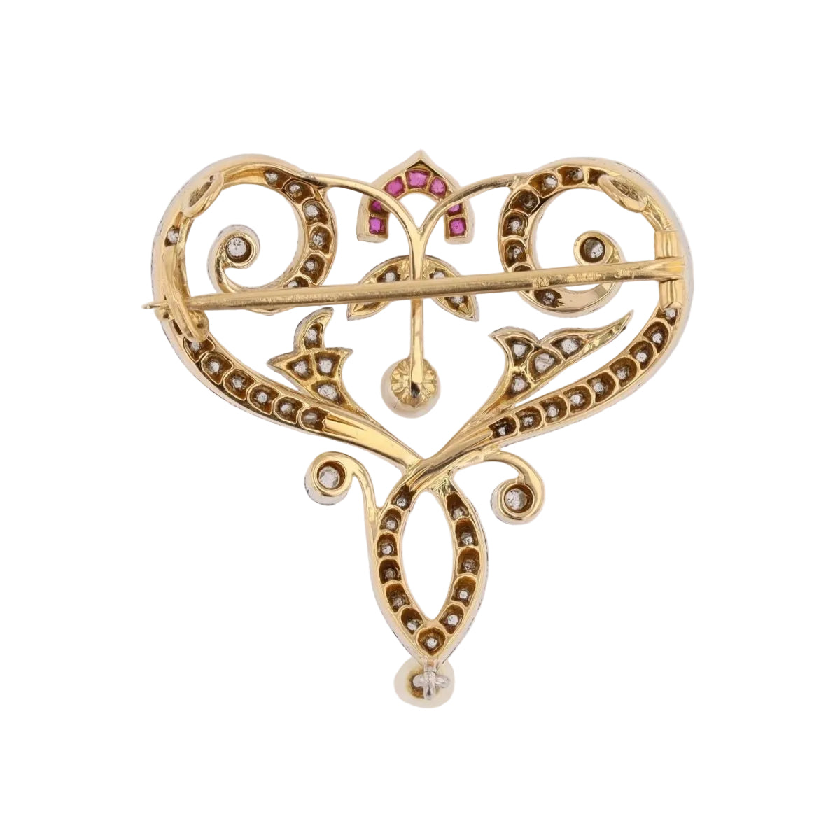 Broche pendentif Art Nouveau en or jaune et platine avec diamants, perles fines et rubis - Castafiore