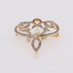 Broche pendentif Art Nouveau en or jaune et platine avec diamants, perles fines et rubis - Castafiore