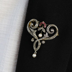 Broche pendentif Art Nouveau en or jaune et platine avec diamants, perles fines et rubis - Castafiore