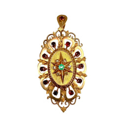 Broche pendentif en or jaune 18 carats en grenats, émeraude et diamants - Castafiore