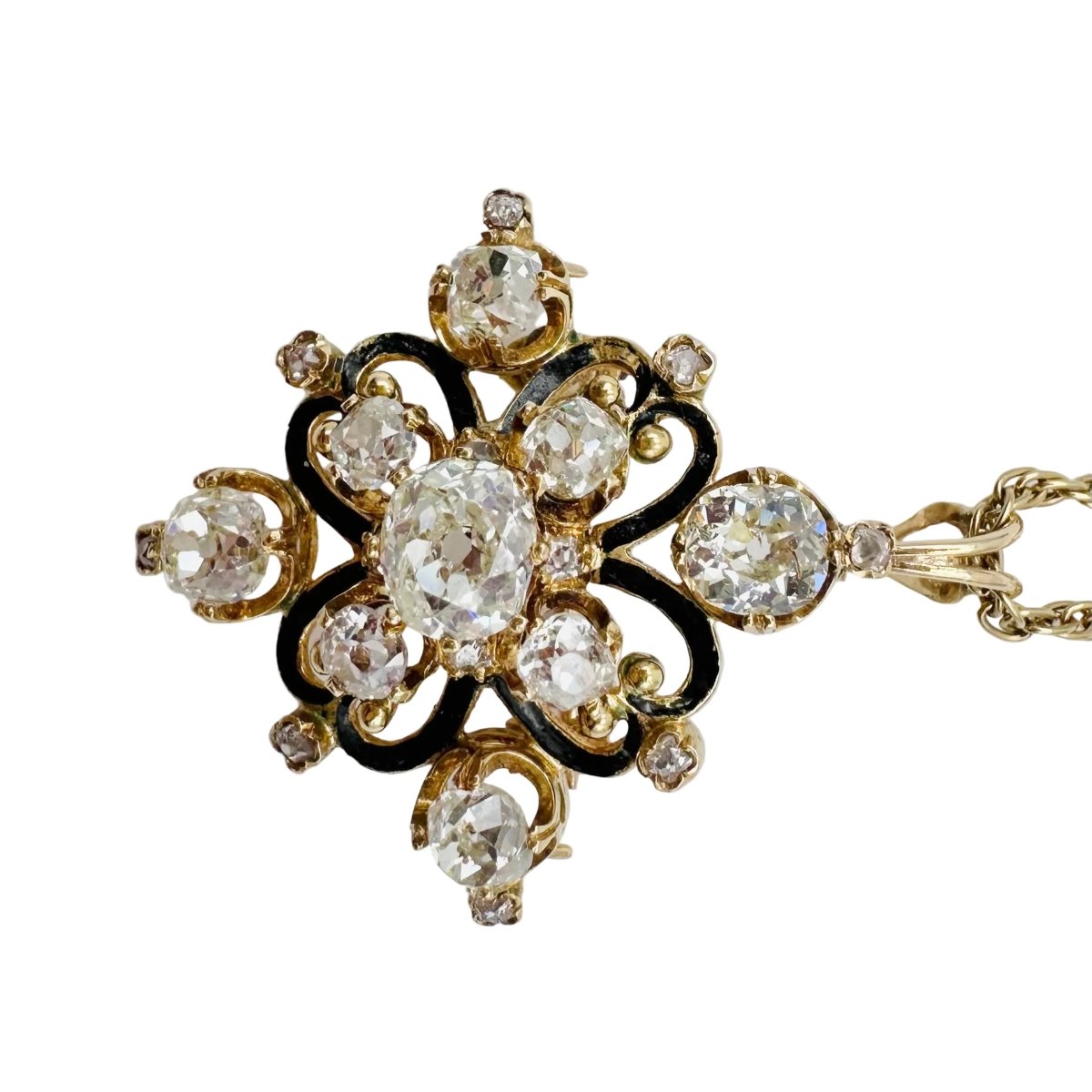 Broche Pendentif en or jaune, émail et diamants - Castafiore