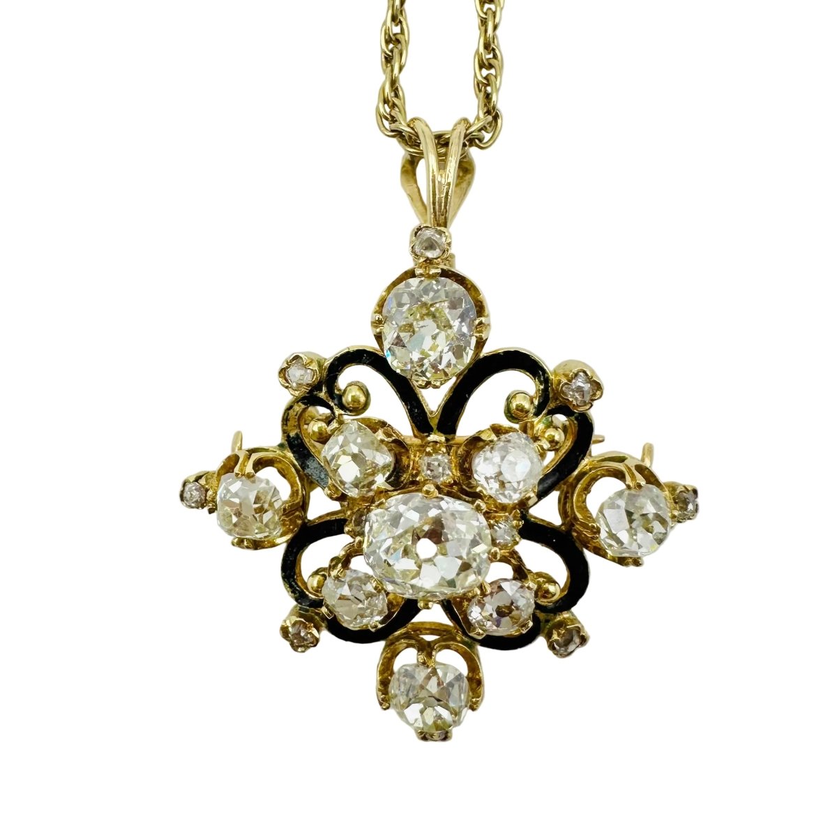 Broche Pendentif en or jaune, émail et diamants - Castafiore