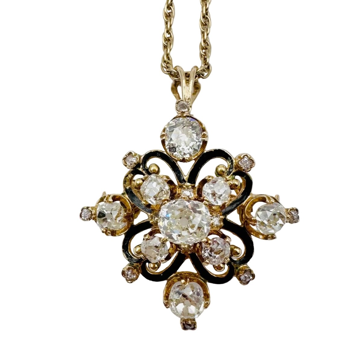 Broche Pendentif en or jaune, émail et diamants - Castafiore