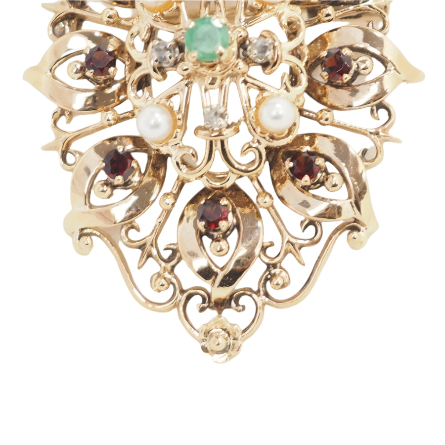 Broche pendentif en or jaune, emeraude et perles de culture - Castafiore