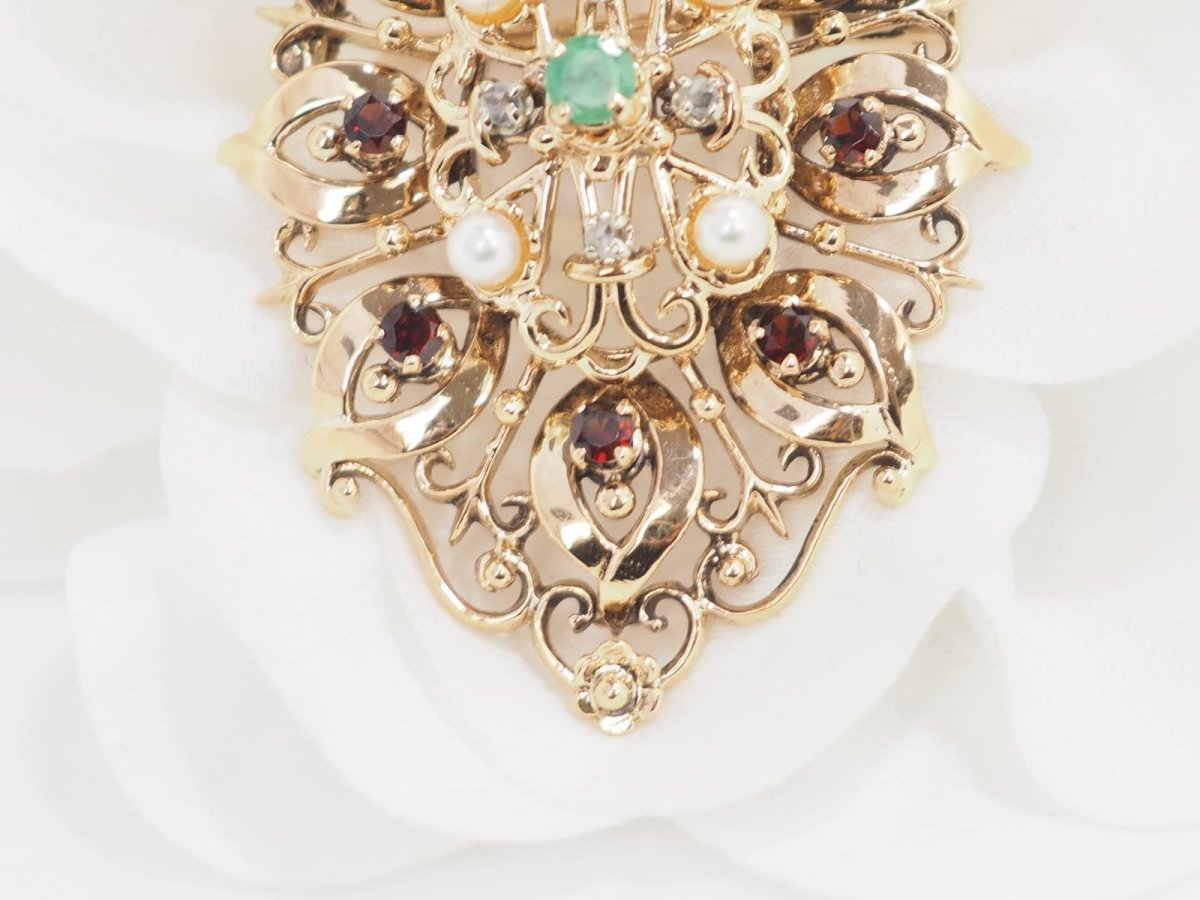 Broche pendentif en or jaune, emeraude et perles de culture - Castafiore