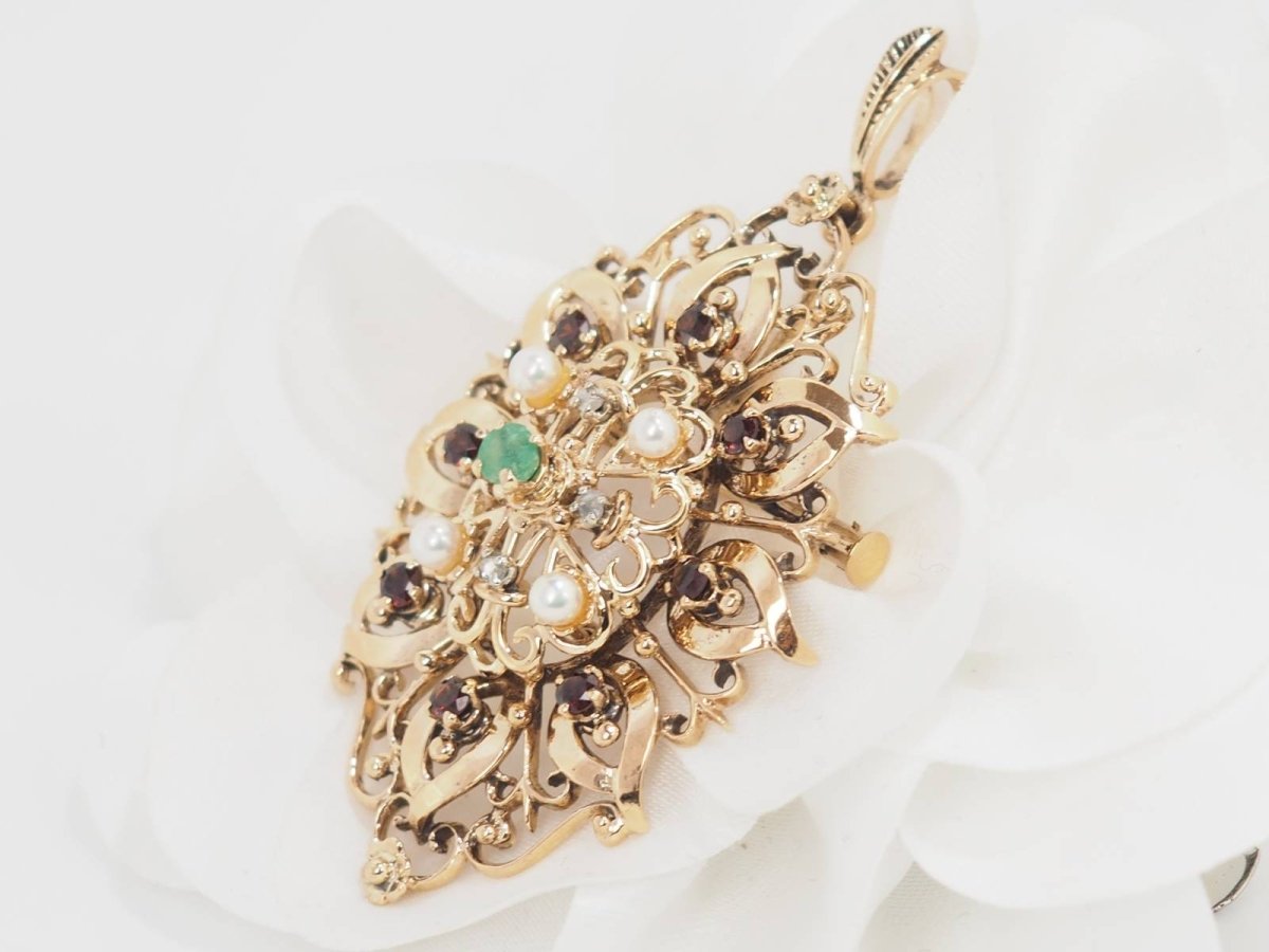 Broche pendentif en or jaune, emeraude et perles de culture - Castafiore