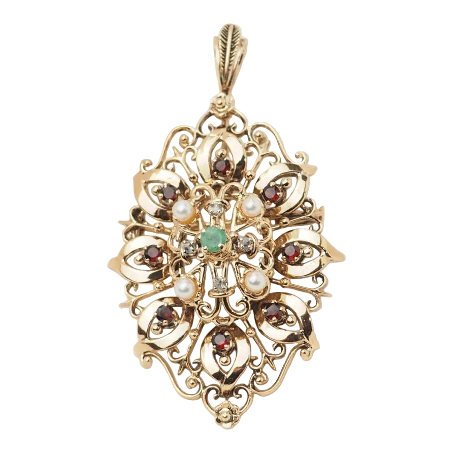 Broche pendentif en or jaune, emeraude et perles de culture - Castafiore