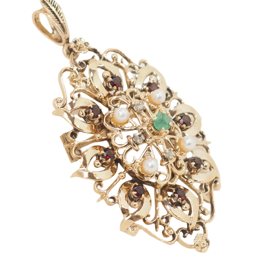 Broche pendentif en or jaune, emeraude et perles de culture - Castafiore