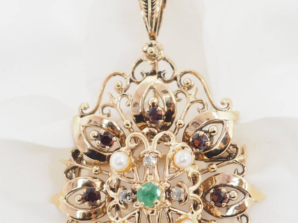Broche pendentif en or jaune, emeraude et perles de culture - Castafiore