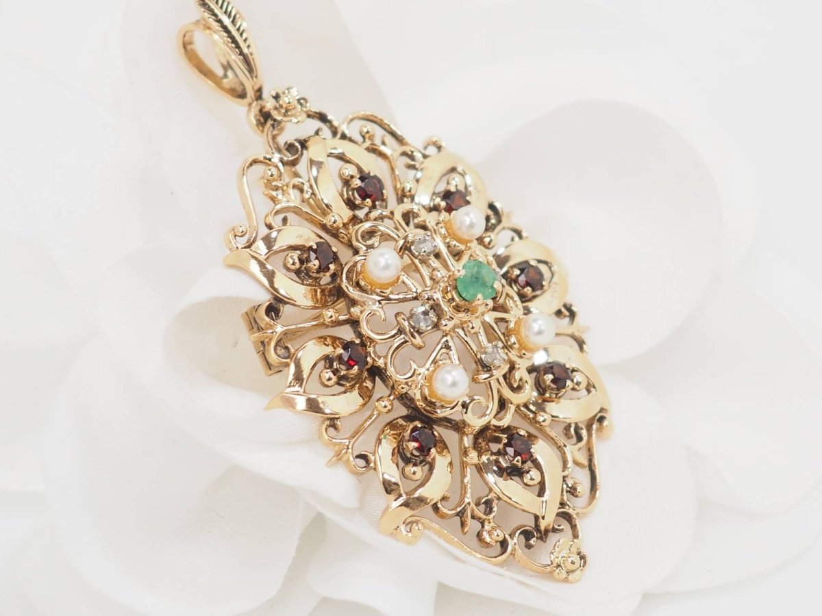 Broche pendentif en or jaune, emeraude et perles de culture - Castafiore