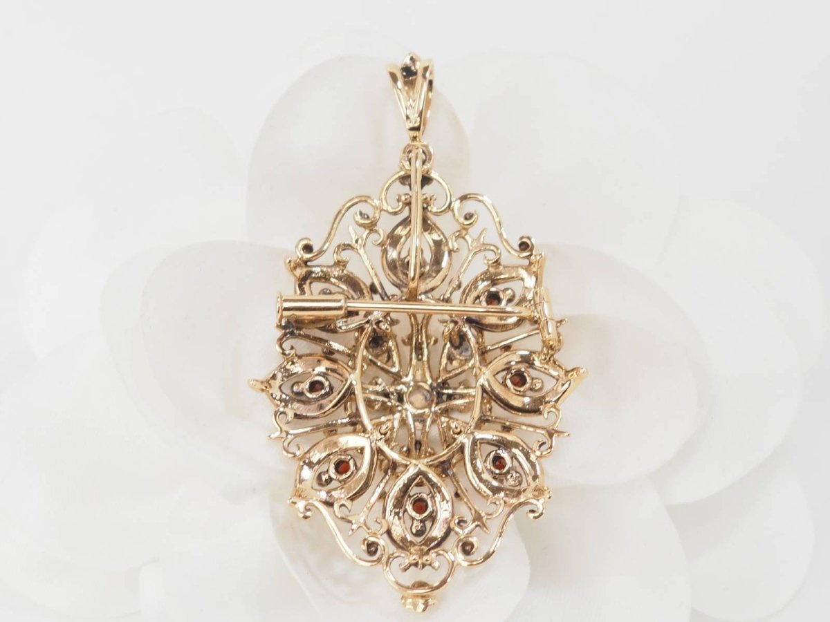 Broche pendentif en or jaune, emeraude et perles de culture - Castafiore