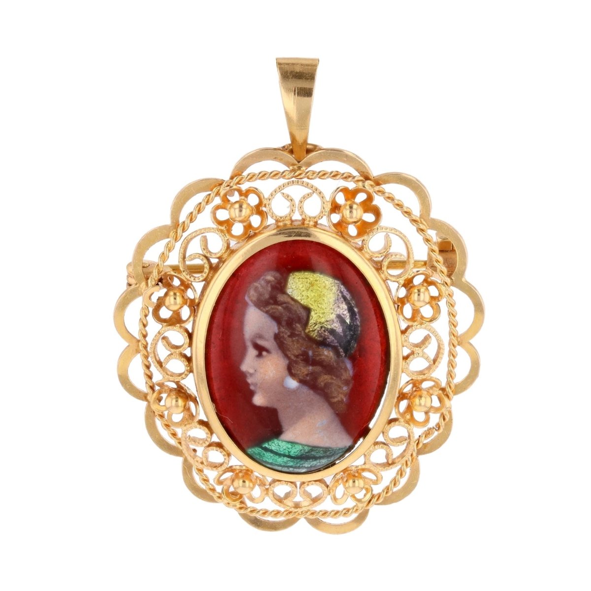 Brooch vintage enamel pendant Limoges yellow gold