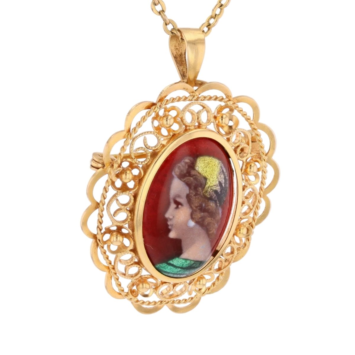 Brooch vintage enamel pendant Limoges yellow gold