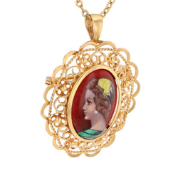 Brooch vintage enamel pendant Limoges yellow gold