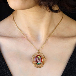 Brooch vintage enamel pendant Limoges yellow gold