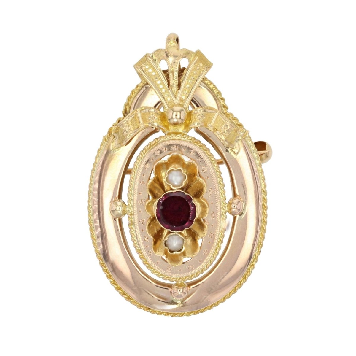 Broche - pendentif GRENAT et perles fines en or jaune - Castafiore