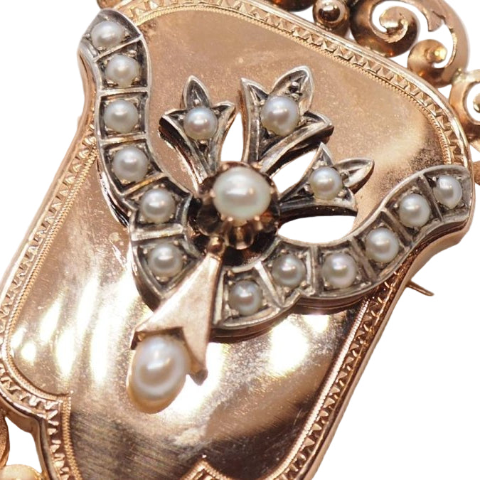 Broche pendentif Napoléon III en or rose, ornée de perles