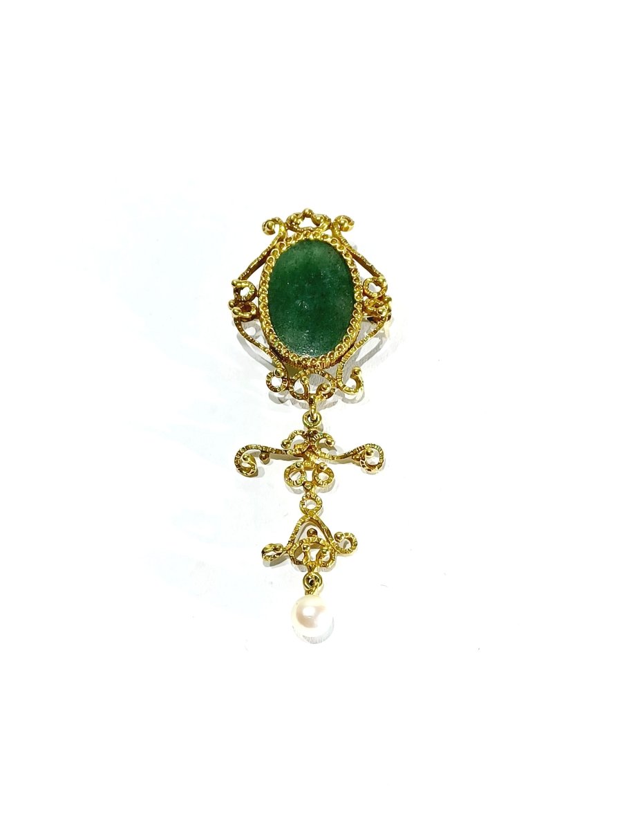 Broche Pendentif Or, Jade et Perle - Castafiore