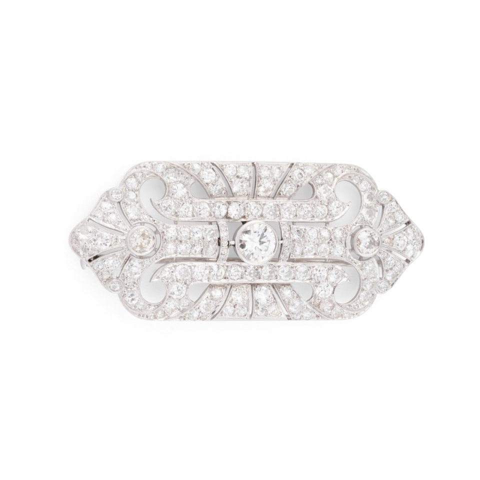 Broche plaque Art Déco en or blanc, platine et diamants - Castafiore