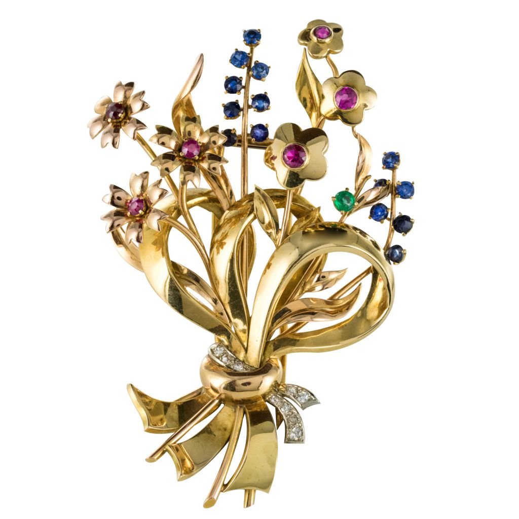 Broche rétro bouquet or et pierres précieuses - Castafiore