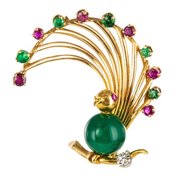 Broche R.FRÉCHOU Oiseau en or jaune rubis émeraude chrysoprase et diamant - Castafiore