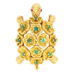 Broche Tortue en or jaune émeraudes rubis - Castafiore