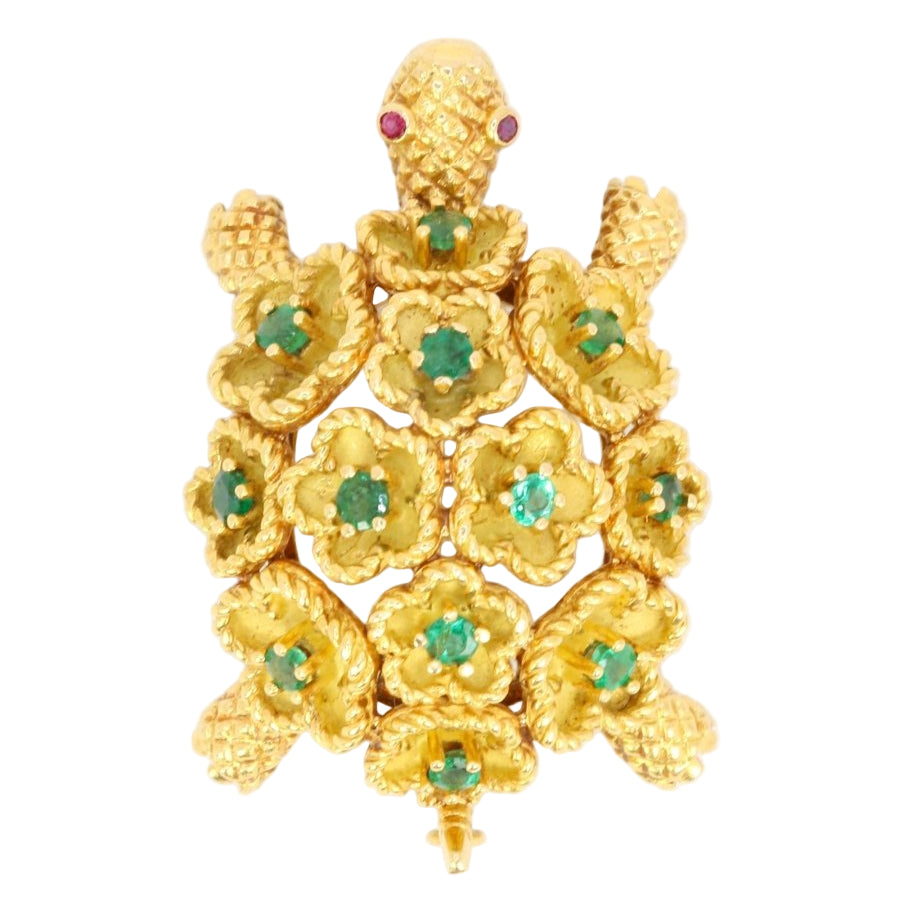 Broche Tortue en or jaune émeraudes rubis - Castafiore