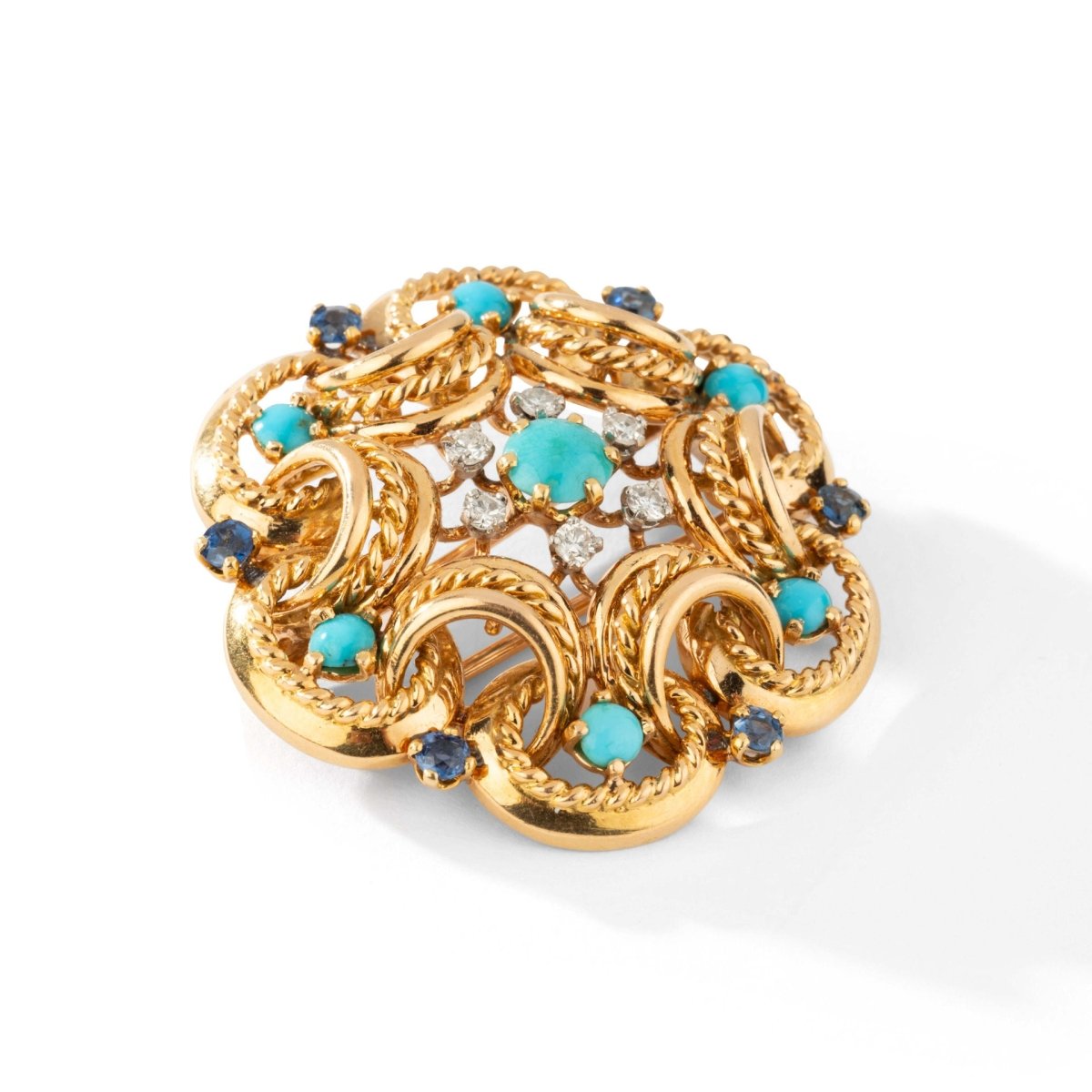Broche turquoises saphirs et diamants époque 1950 - Castafiore
